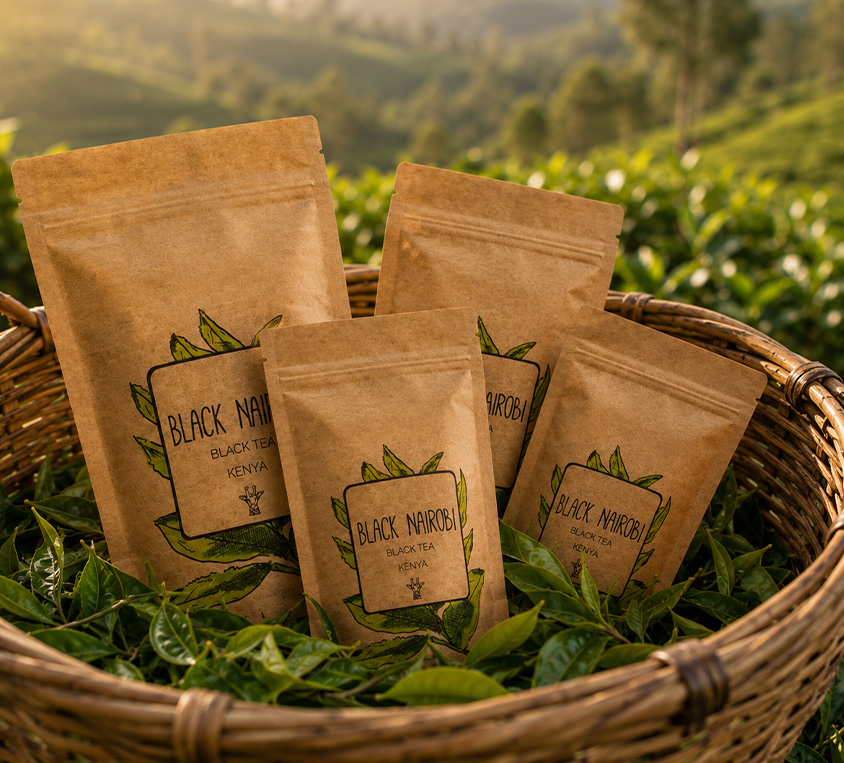 Black Nairobi Leo Tea – elegancka puszka, doypack i kubek prezentowy